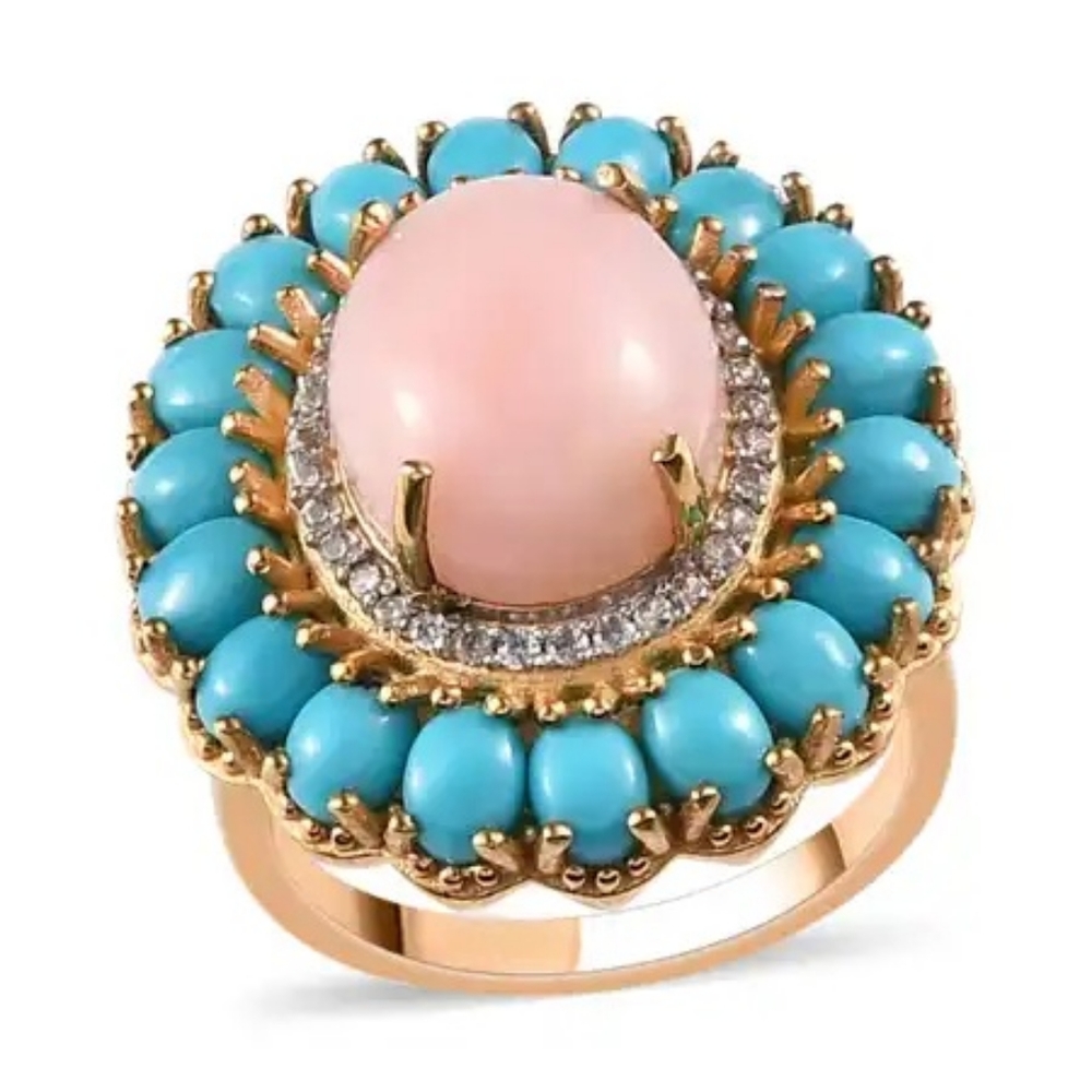 NWT PERUVIAN PINK OPAL & SLEEPING BEAUTY TURQUOISE RING IN 14KYG STERLING SILVER